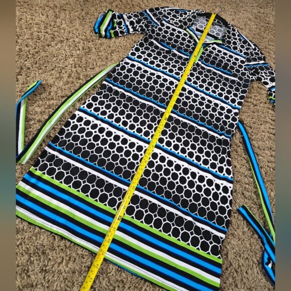 "Mlle Gabrielle" Dress, Stylish Black, Blue, Green And White Patterned Dress - Picture 13 of 16